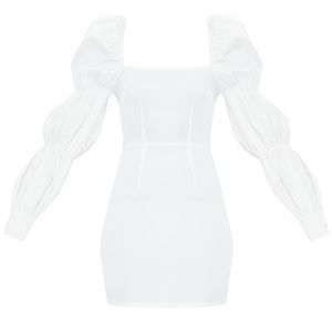 PrettyLittleThing White Bonded Satin Puff Shoulder Tiered Sleeve Bodycon Dress